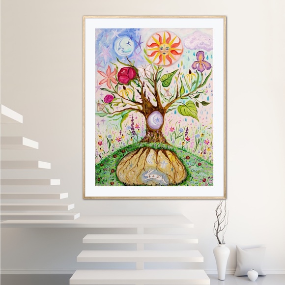 Tree of Life Whimsy Art Print flowers rabbit sun moon colorful whimsical fantasy - Picture 3 of 9